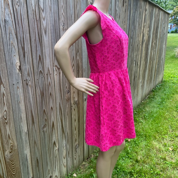 NWT $99 Kensie | Electric Pink | Eyelet Floral Ruffle Flutter Sleeve Dress - Picture 3 of 7